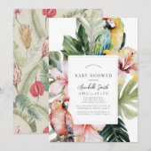 Invitation Baby shower blanc de perroquet végétal tropical (Devant / Derrière)