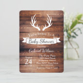 Invitation Baby shower blanc de ruban d'andouillers en bois (Debout devant)