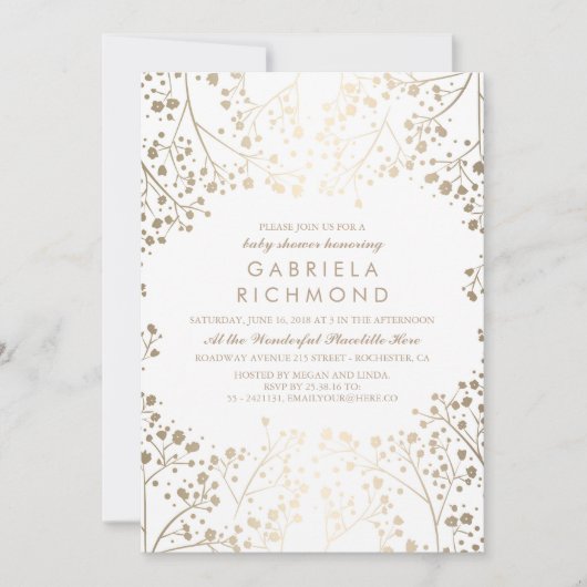 Invitation Baby shower blanc élégant du souffle du bébé d'or (Devant)
