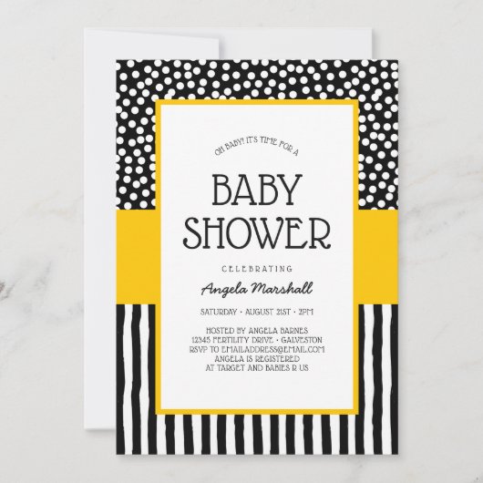 Invitation Baby shower blanc et jaune noir lunatique (Devant)