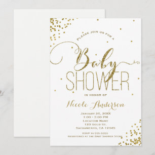 Invitation Baby-Shower Blanc et Or Pailletté avec Coins