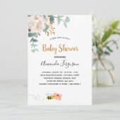 Invitation Baby shower blanc fleuri abeille (Debout devant)