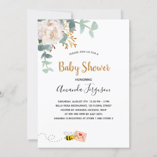 Invitation Baby shower blanc fleuri abeille