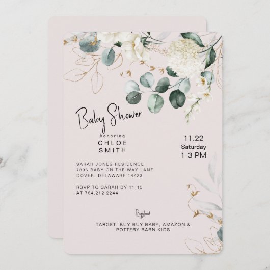 Invitation Baby shower blanc Hydrangea Eucalyptus Blush (Devant / Derrière)