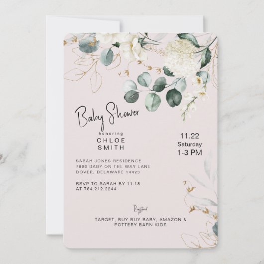 Invitation Baby shower blanc Hydrangea Eucalyptus Blush (Devant)