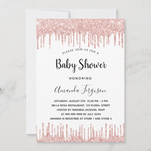 Invitation Baby shower blanc rose or parties scintillant gout (Devant)