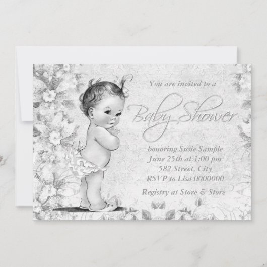 Invitation Baby shower blanc Vintage adorable (Devant)