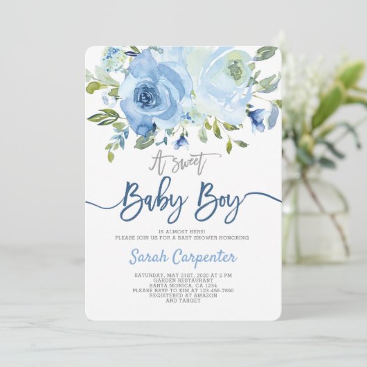 Invitation Baby shower bleu (Debout devant)