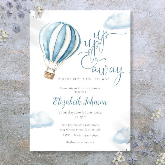 Invitation Baby shower Bleu à air chaud Boy Up and Away