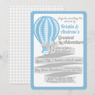 Invitation baby shower bleu à air chaud En vichy