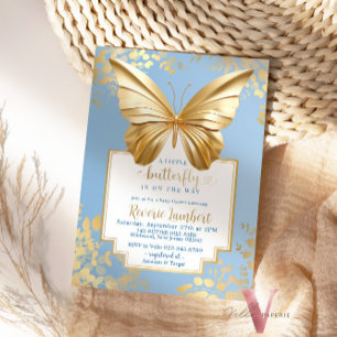 Invitation Baby shower Bleu à papillon d'or