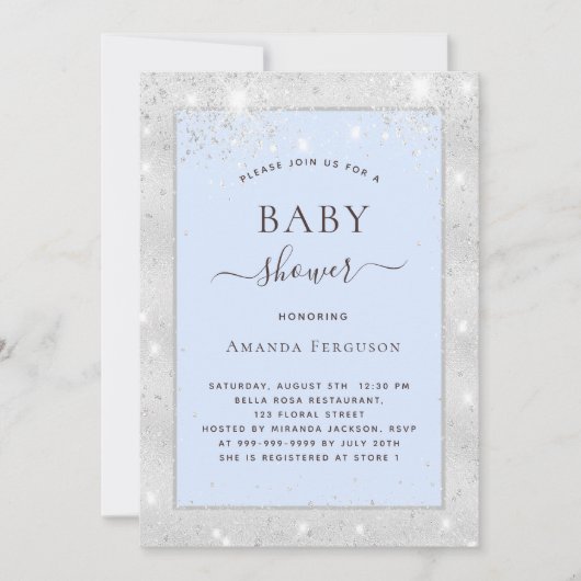 Invitation Baby shower bleu argent parties scintillant garçon (Devant)