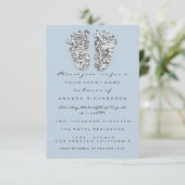 Invitation Baby shower bleu argent Pieds Parties scintillant (Debout devant)