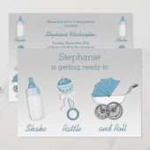 Invitation Baby shower bleu argenté de hochet et de petit (Devant / Derrière)