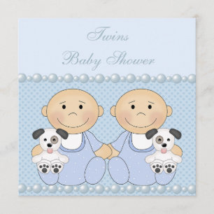 Invitation Baby shower Bleu Baby Boy Twins & Puppies