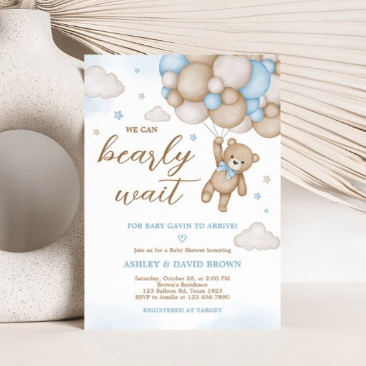 Invitation Baby shower Bleu Bear Balloons