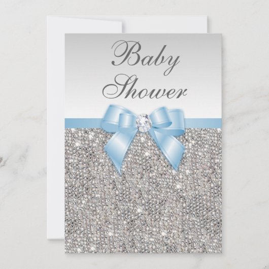 Invitation Baby shower Bleu Bébé de Faux Silver Sequins (Devant)