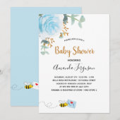 Invitation Baby shower bleu bee bee floral vert garçon (Devant / Derrière)