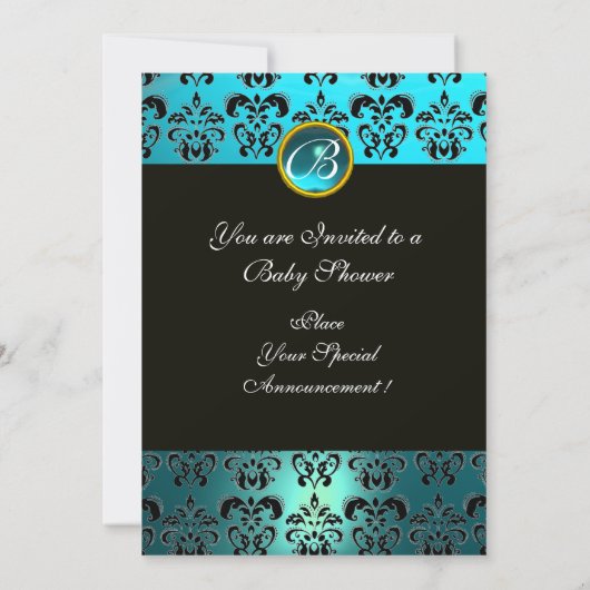 INVITATION BABY SHOWER BLEU BLANC OR DAMASK STORE MONOGRAM (Dos)