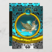 INVITATION BABY SHOWER BLEU BLANC OR DAMASK STORE MONOGRAM (Devant / Derrière)