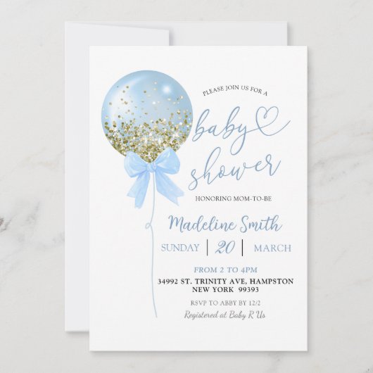 Invitation Baby shower Bleu Bleu Coquette Bow (Devant)