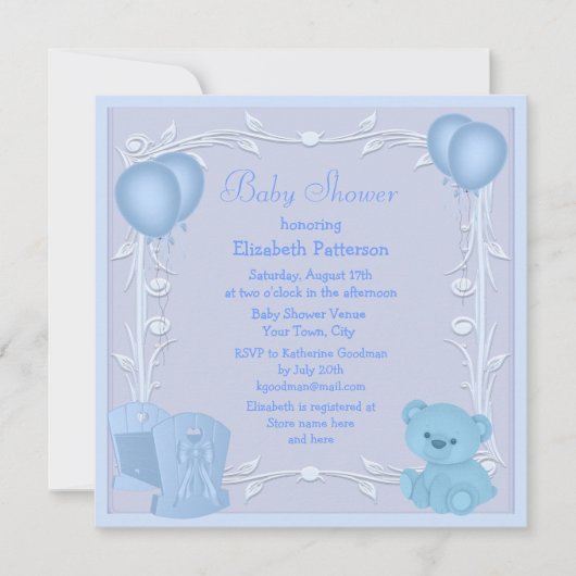 Invitation Baby shower Bleu Bleu Cute Teddy Bear & Crib (Devant)
