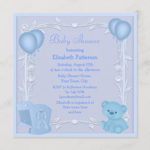 Invitation Baby shower Bleu Bleu Cute Teddy Bear & Crib