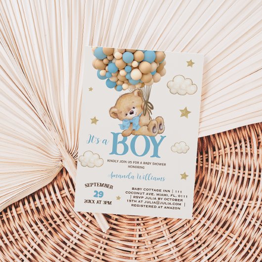 Invitation Baby shower Bleu Bleu de l'ours en peluche