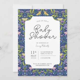 Invitation Baby shower bleu bleu papillon Floral Damask