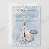 Invitation Baby shower bleu Boho Baby Elephant & Tipi (Devant)