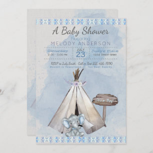 Invitation Baby shower bleu Boho Baby Elephant & Tipi
