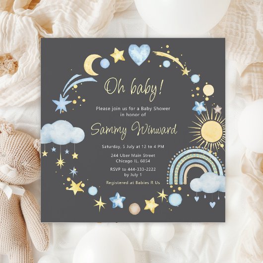 Invitation Baby shower bleu Boho Rainbow Nuages
