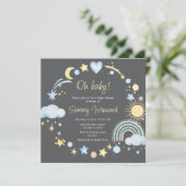 Invitation Baby shower bleu Boho Rainbow Nuages (Debout devant)