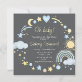 Invitation Baby shower bleu Boho Rainbow Nuages (Devant)