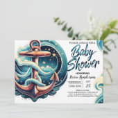 Invitation Baby shower Bleu Boho Waves (Debout devant)