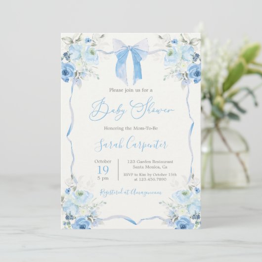 Invitation Baby shower bleu Bow garçon (Debout devant)