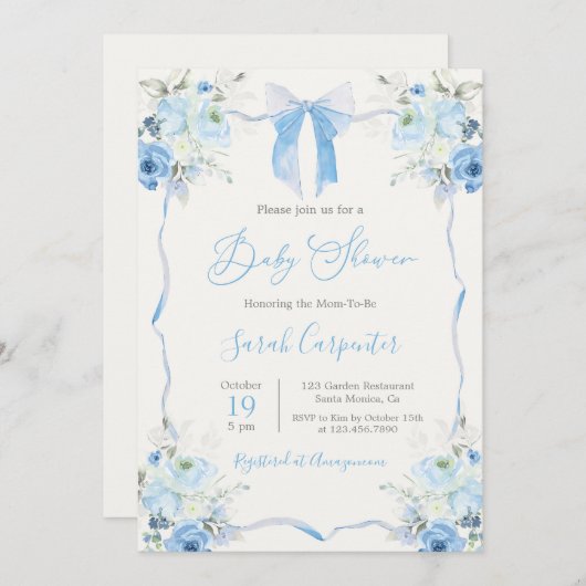 Invitation Baby shower bleu Bow garçon (Devant / Derrière)
