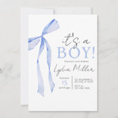 Invitation Baby shower Bleu Bow Invitation, Baby shower garço (Devant)