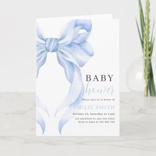 Invitation Baby shower Bleu Bow Invitation, Baby shower garço (Devant)