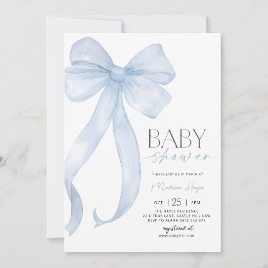 Invitation Baby shower Bleu Bow Modèle d'invitation (Devant)