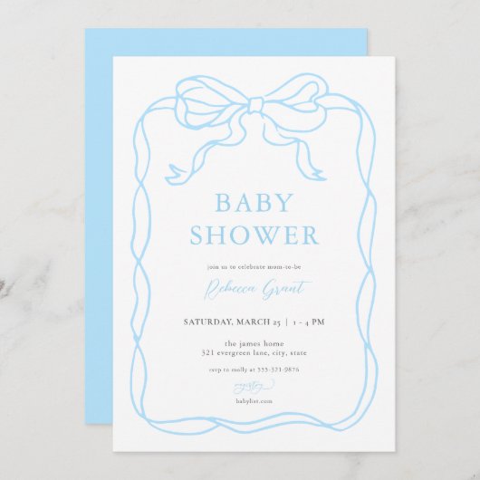Invitation Baby shower Bleu Boy Main Draw Bow (Devant / Derrière)