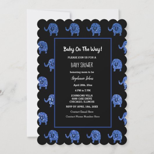Invitation Baby shower bleu brillant Éléphant Animaux Noir (Devant)