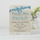 Invitation Baby shower bleu Burlap et dentelle (Debout devant)