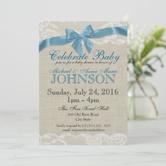 Invitation Baby shower bleu Burlap et dentelle (Debout devant)
