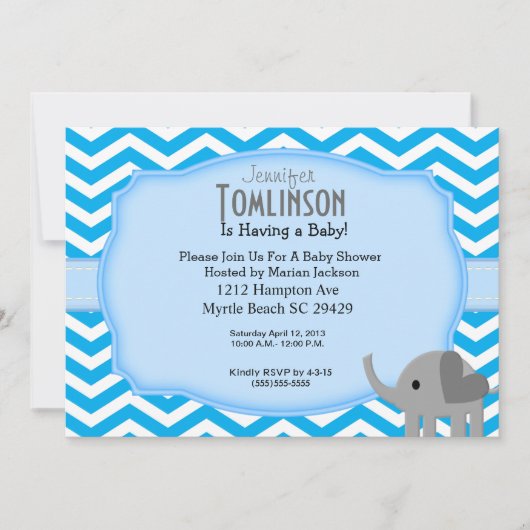 Invitation Baby shower bleu Chevron et éléphant (Devant)