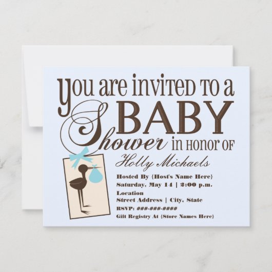 Invitation Baby shower bleu cigogne sophistiquée (Devant)