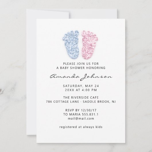 Invitation Baby shower bleu clair rose pieds Parties scintill (Devant)