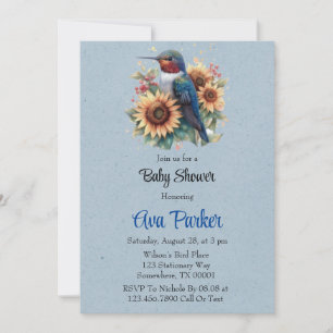 Invitation Baby shower bleu colibri et tournesol
