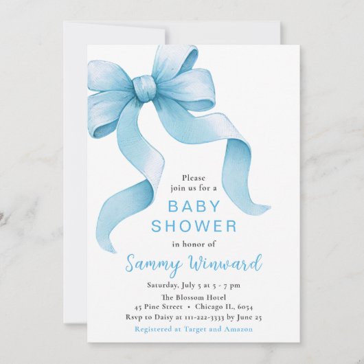 Invitation Baby shower bleu Coquette Bow (Devant)