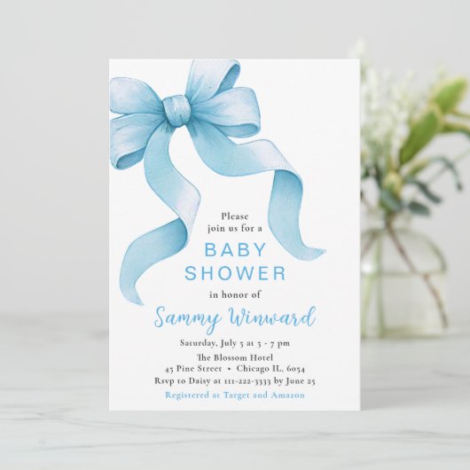 Invitation Baby shower bleu Coquette Bow (Debout devant)